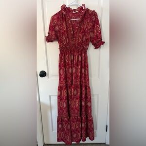 Red Paisley Maxi Dress women’s small V Neck tiered unlined ruffle smocked waist